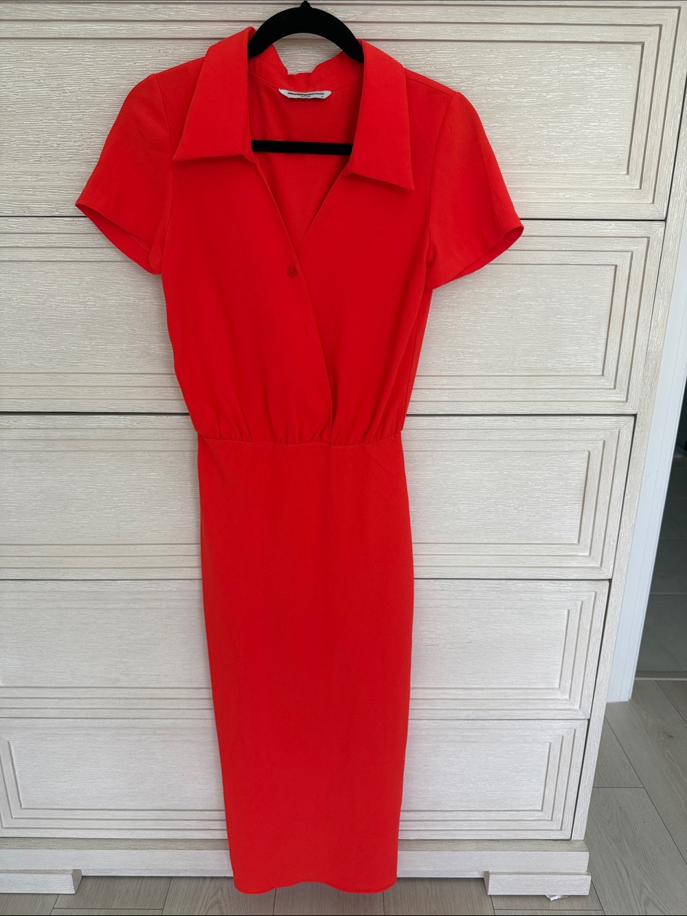 Amanda Uprichard Classic Red/Orange Short-Sleeve Collared Midi Dress Size XS